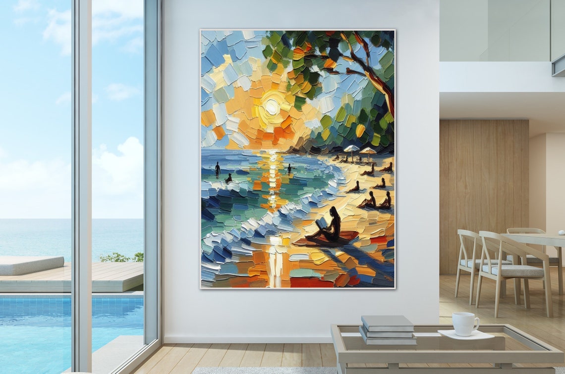Sunset Beach With Reading Silhouette Impasto Coastal Art Poster - Image 3
