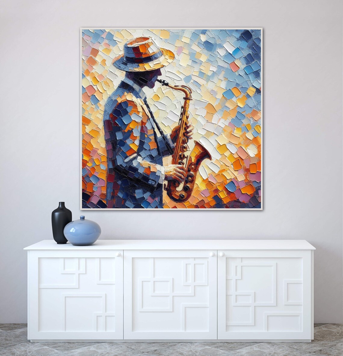 Saxophonist in Hat Mosaic Jazz Musician Portrait Painting Poster - Image 2