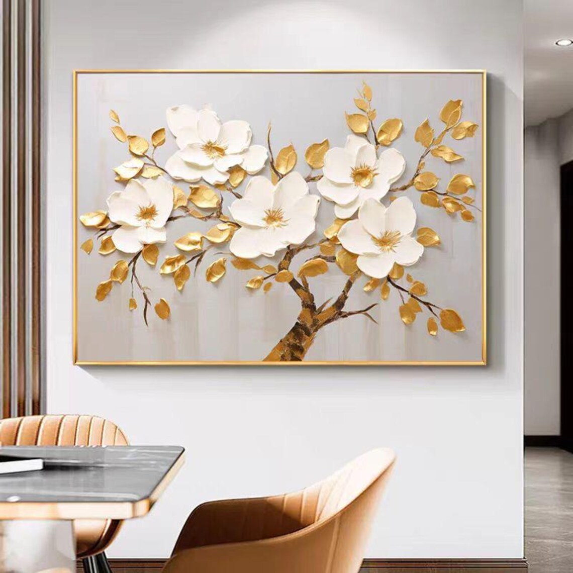 White Blossoms Gold Leaves Branch Textured Horizontal Floral Poster - Image 3