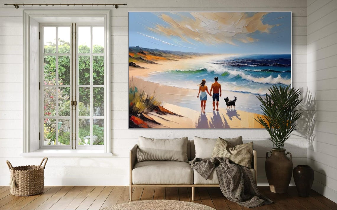 Couple and Dog Strolling Along Sunny Beach with Waves Poster - Image 4