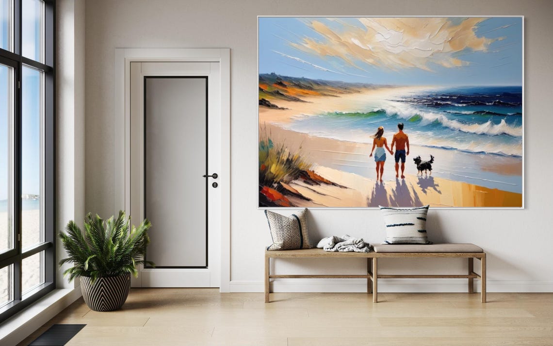 Couple and Dog Strolling Along Sunny Beach with Waves Poster - Image 3
