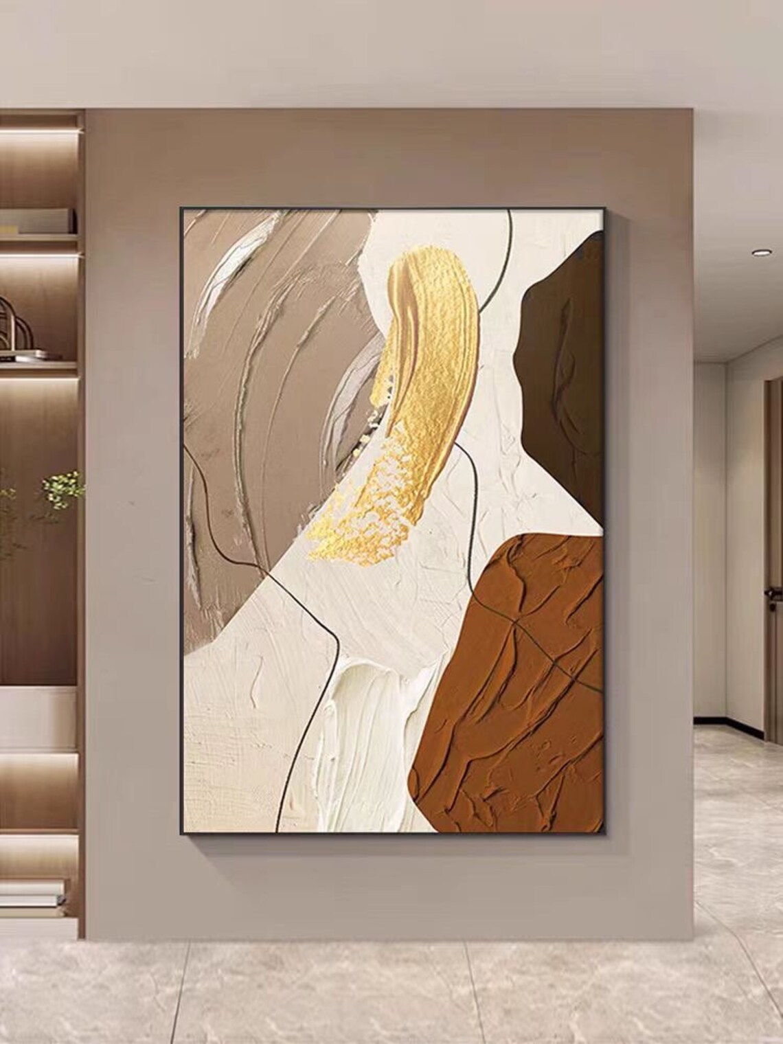 Beige Brown Gold Brushstroke Minimalist Abstract Oil Painting Poster - Image 2