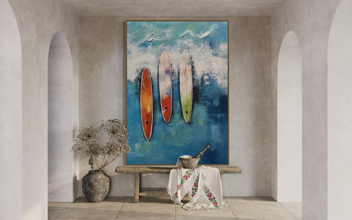 Three Surfboards on Blue Textured Ocean Waves Colorful Surf Poster - Image 4