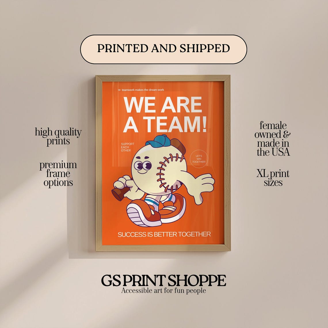 We Are a Team Baseball Character Orange Motivational Wall Art
