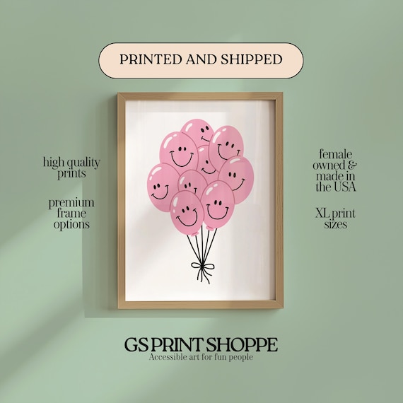 Pink Smiley Face Balloon Bunch Poster Cheerful Birthday Party Decor