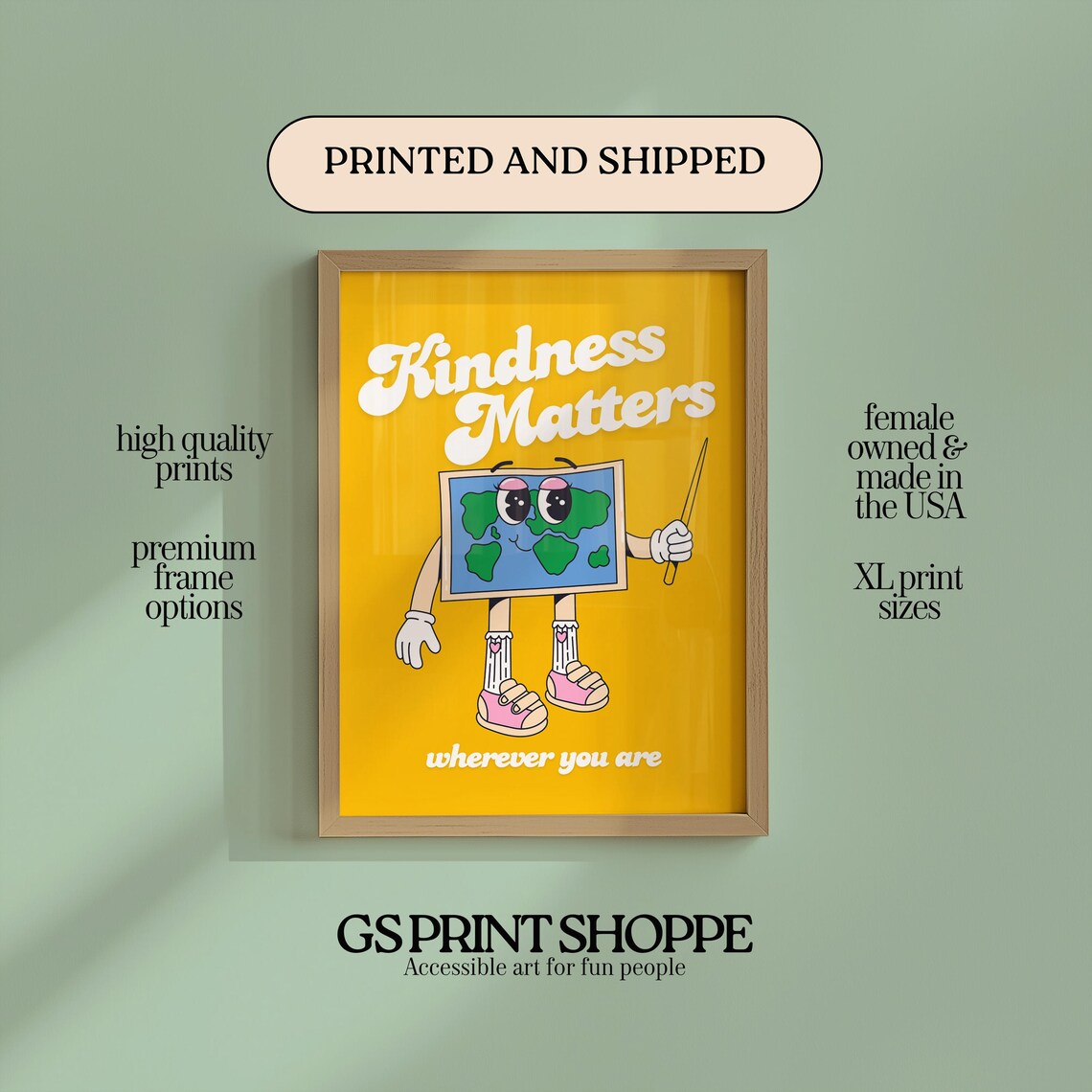 Kindness Matters Yellow Retro Cartoon Earth Cheerful Motivational Poster