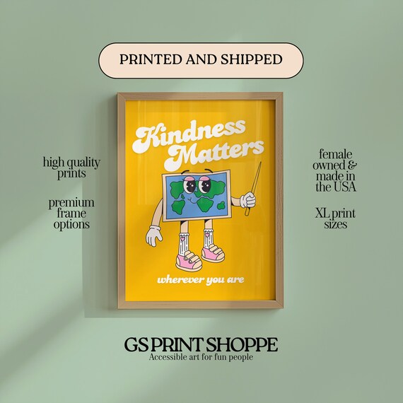 Kindness Matters Yellow Retro Cartoon Earth Cheerful Motivational Poster