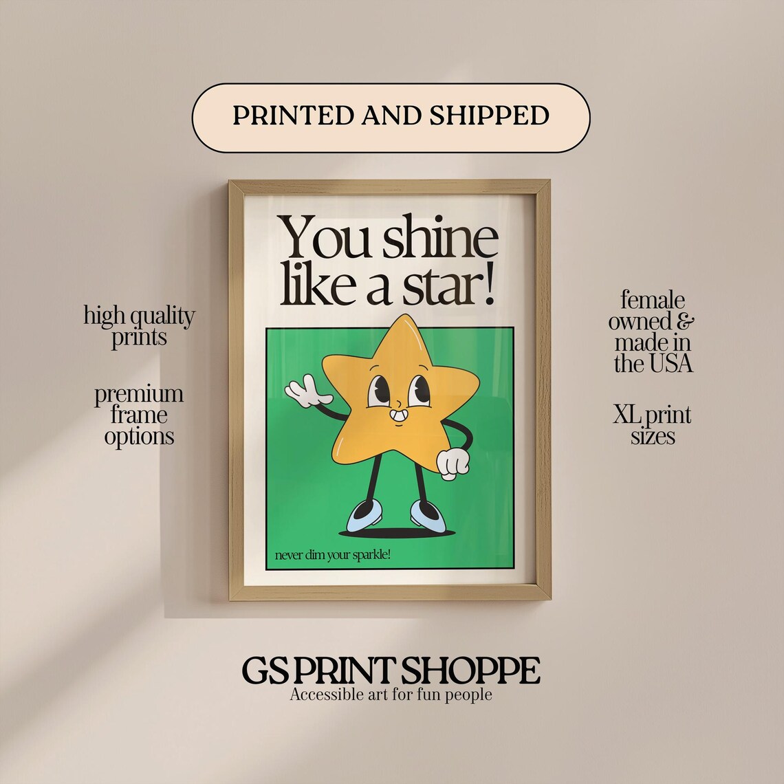 You Shine Like A Star Retro Cartoon Star Encouragement Art Poster