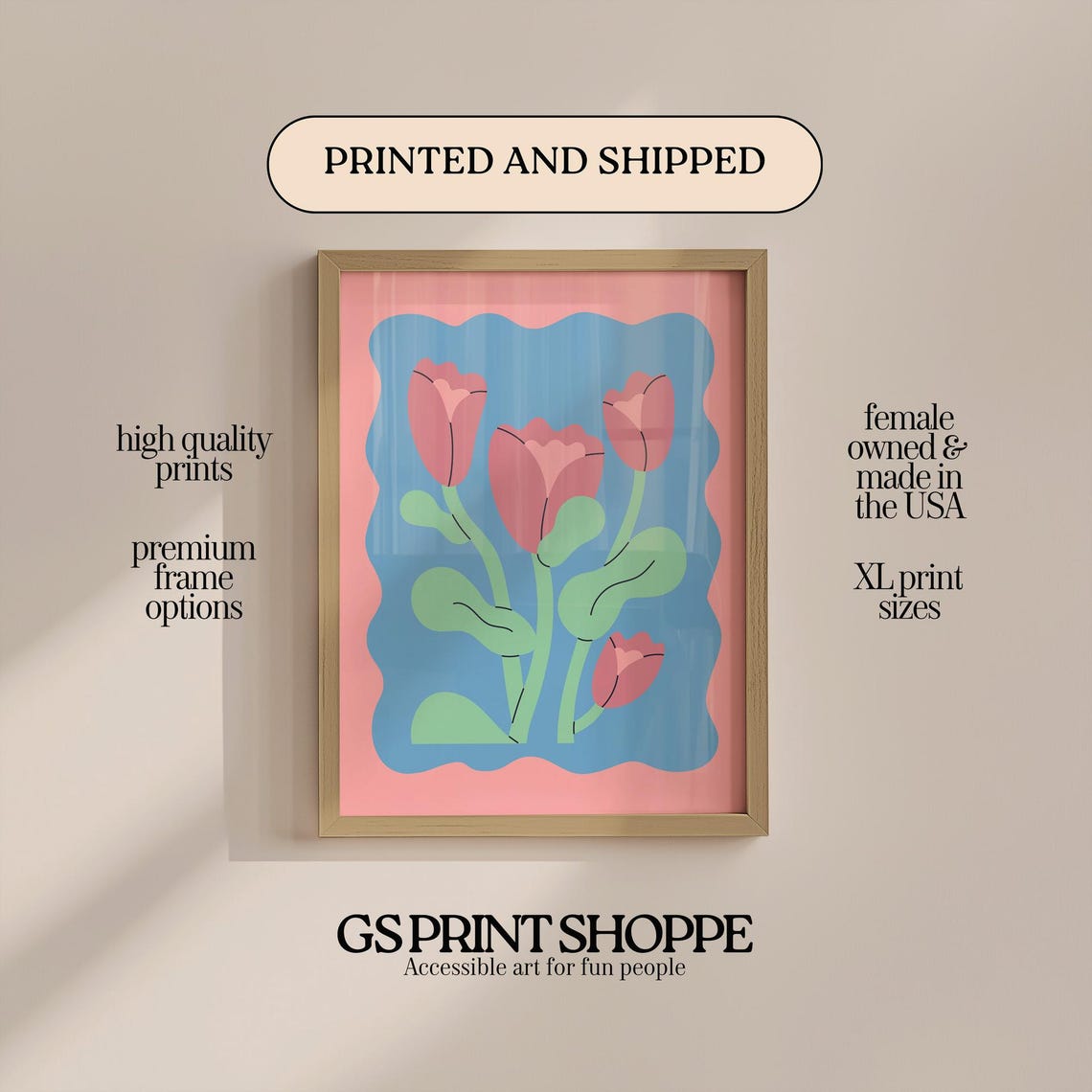 Pink Tulip Flowers Blue Wavy Frame Playful Retro Botanical Pop Poster
