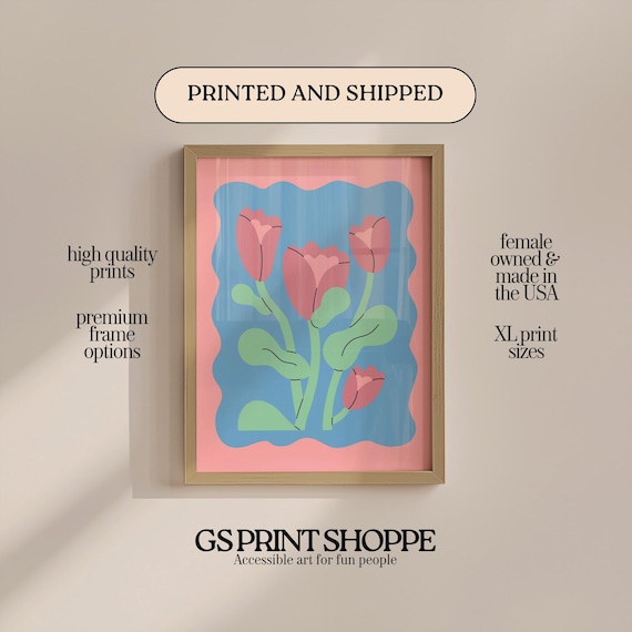 Pink Tulip Flowers Blue Wavy Frame Playful Retro Botanical Pop Poster