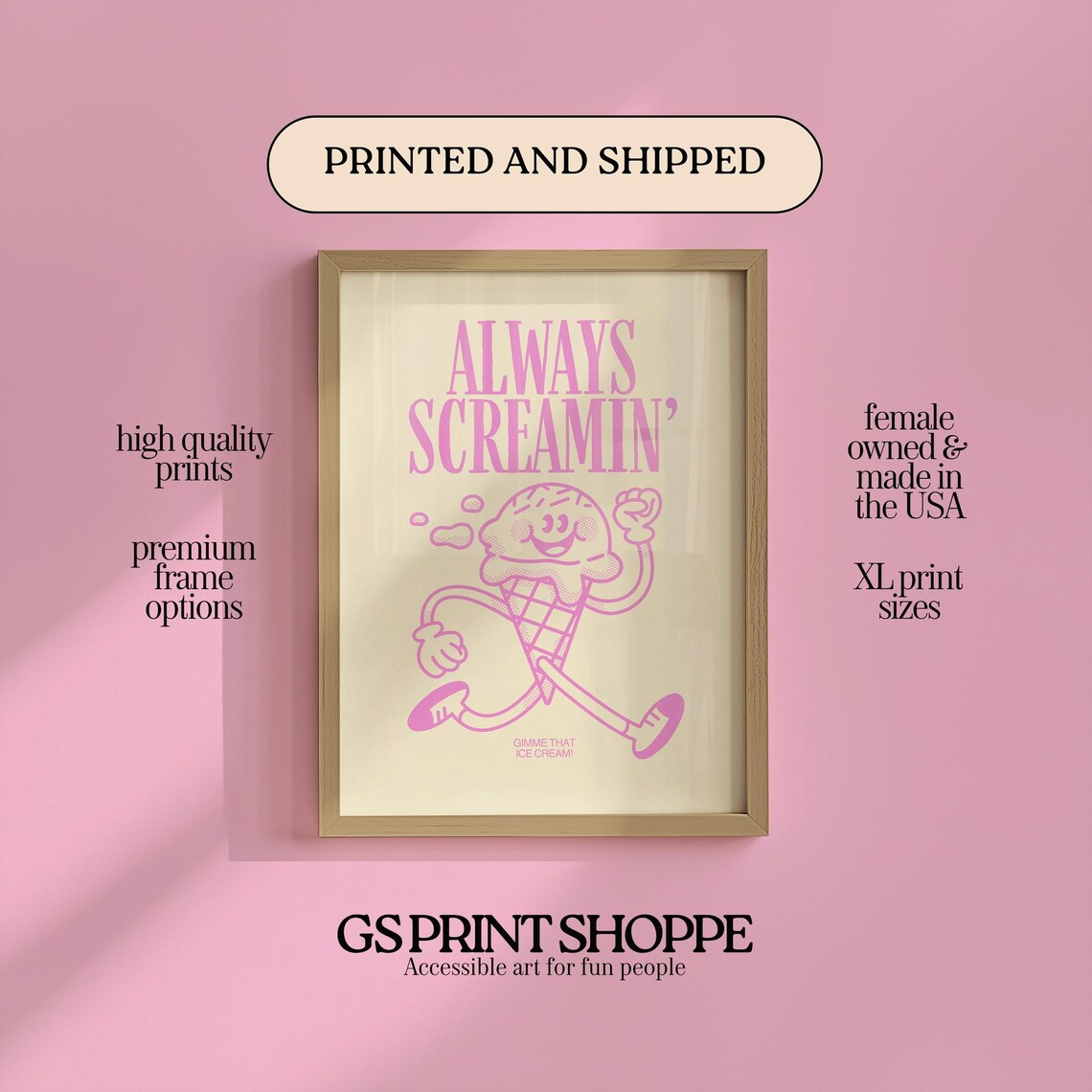 Always Screamin Pink Ice Cream Cone Retro Cartoon Treat Poster