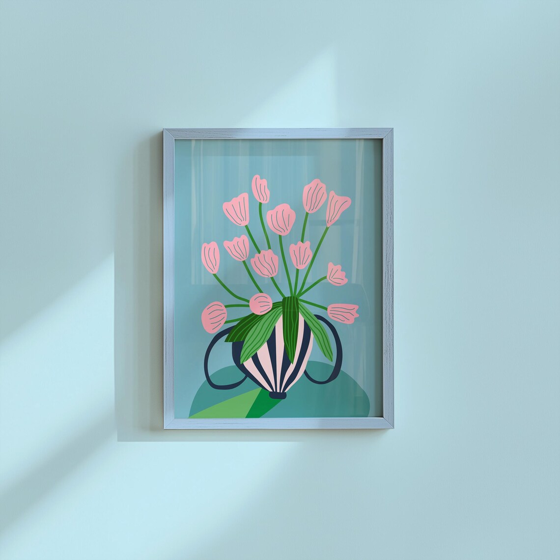 Pink Tulips in Striped Vase Modern Floral Illustration Art Poster