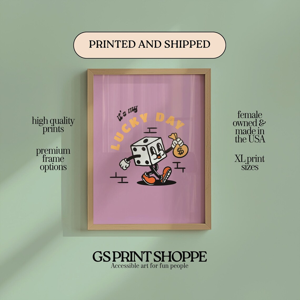 Lucky Day Poster Retro Dice Character Playful Motivational Quote Art
