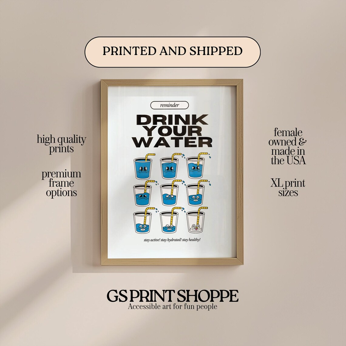 Drink Your Water Reminder Cute Water Glasses Faces Kitchen Poster