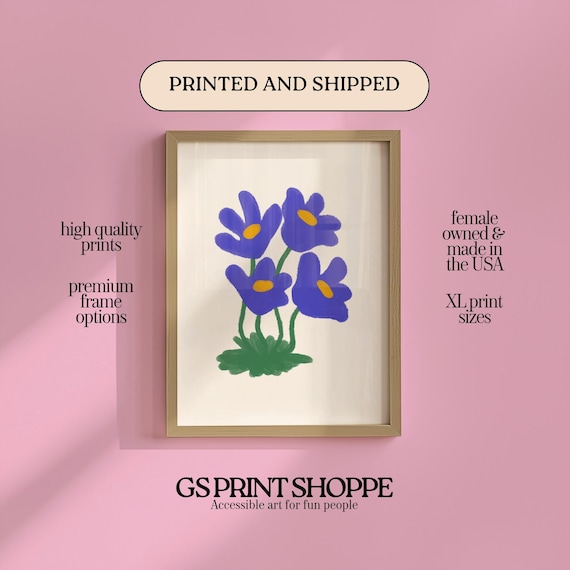 Simple Blue Tulips Modern Floral Illustration Pink Wall Decor Print
