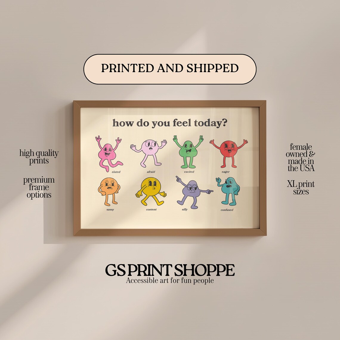 How Do You Feel Today Cute Emotions Chart Retro Cartoon Characters Poster