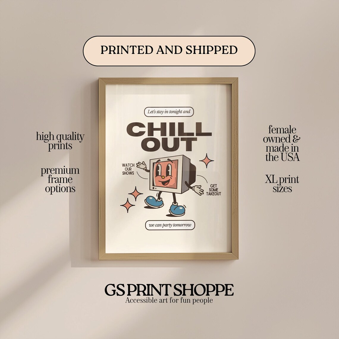 Chill Out Retro TV Mascot Movie Night Cozy Fun Quote Poster Art