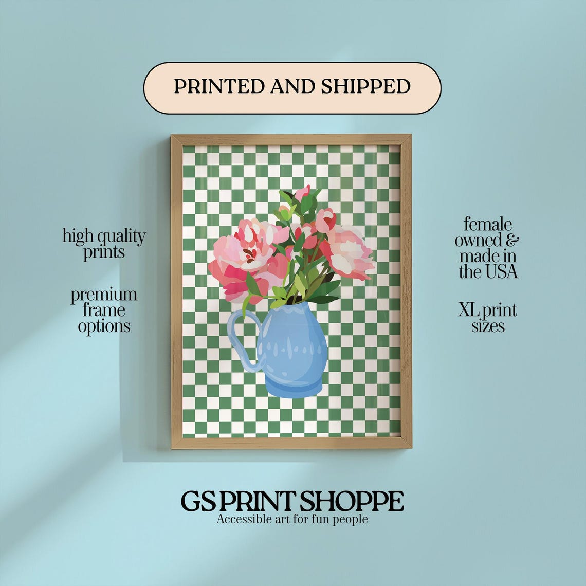 Pink Roses In Blue Pitcher Green Checkerboard Retro Art Poster