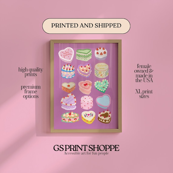 Heart Shaped Cakes Colorful Vintage Bakery Art Poster Fun Sweet