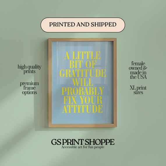 A Little Bit of Gratitude Yellow Typography on Blue Quote Poster