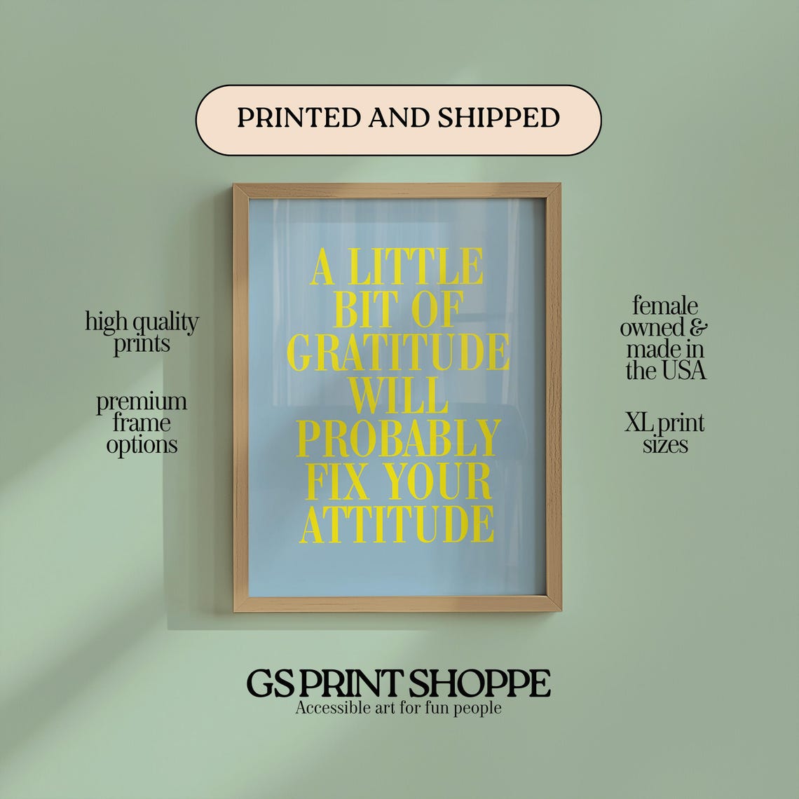 A Little Bit of Gratitude Yellow Typography on Blue Quote Poster