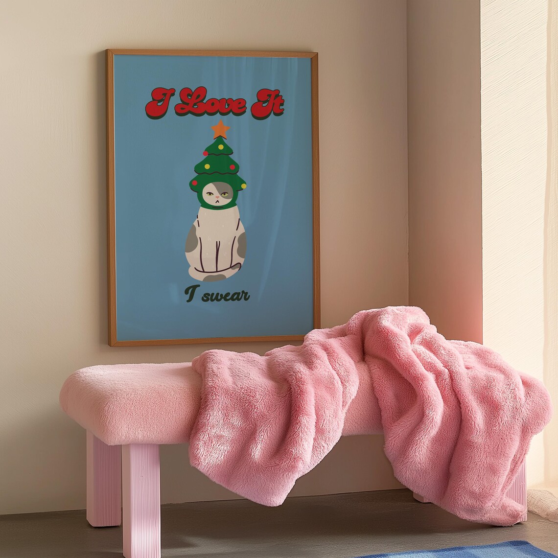 Funny Cat Christmas Tree Hat I Love It Holiday Humor Print Blue - Image 2