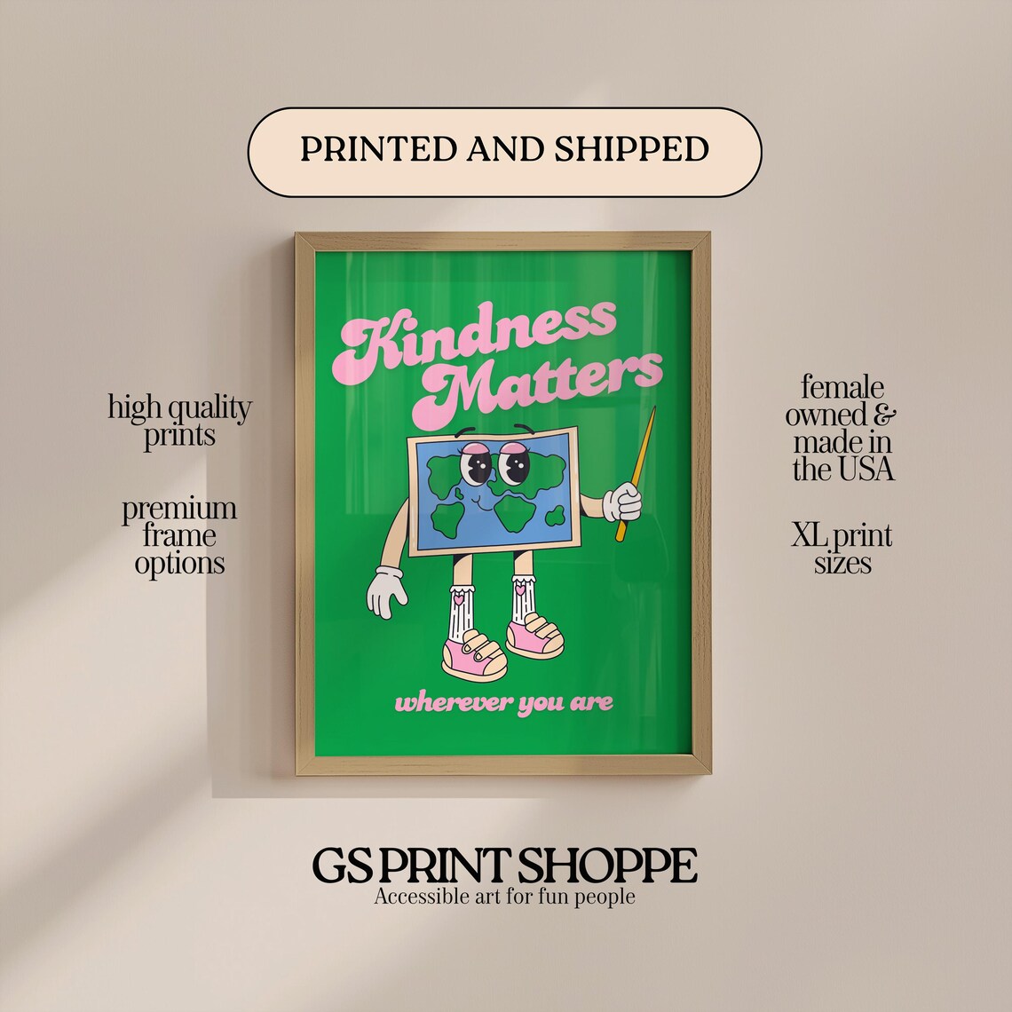 Kindness Matters Green Pink Retro Cartoon Earth Motivational Poster