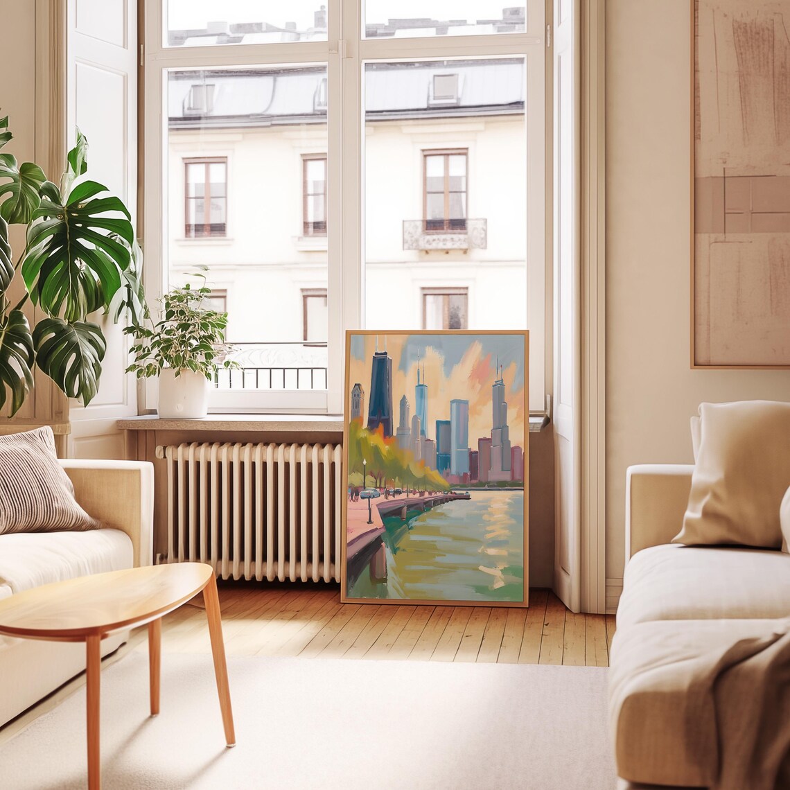Chicago Illinois Skyline Riverwalk Sunset Painterly Travel Poster - Image 2