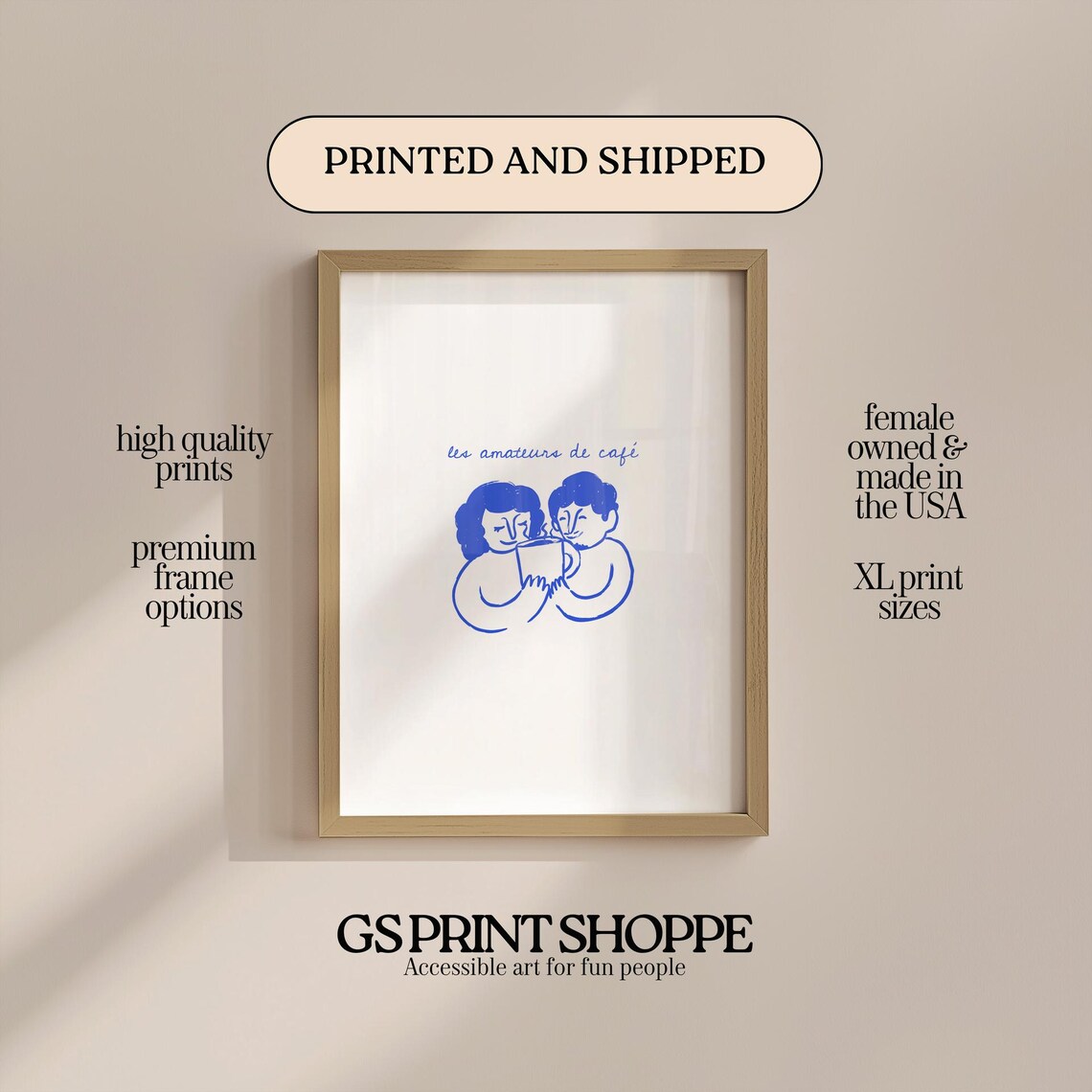 Les Amateurs De Cafe French Coffee Lovers Blue Ink Sketch Poster