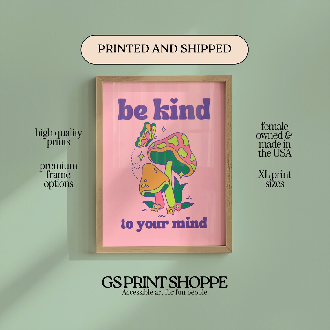 Be Kind To Your Mind Groovy Mushroom Quote Poster In Pink and Purple
