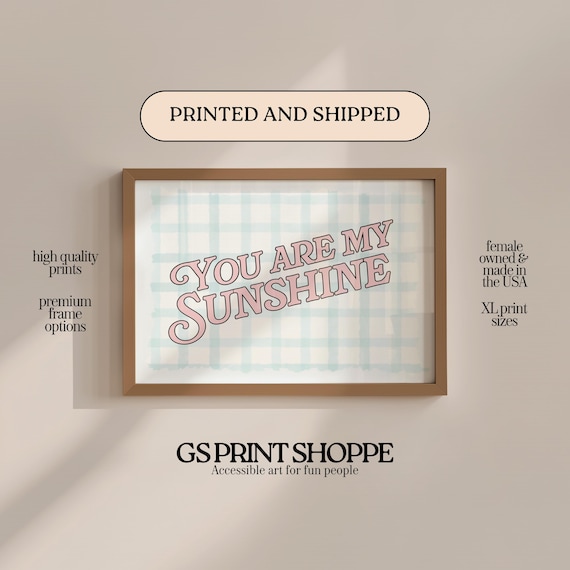 You Are My Sunshine Retro Pink Script Blue Gingham Quote Wall Art