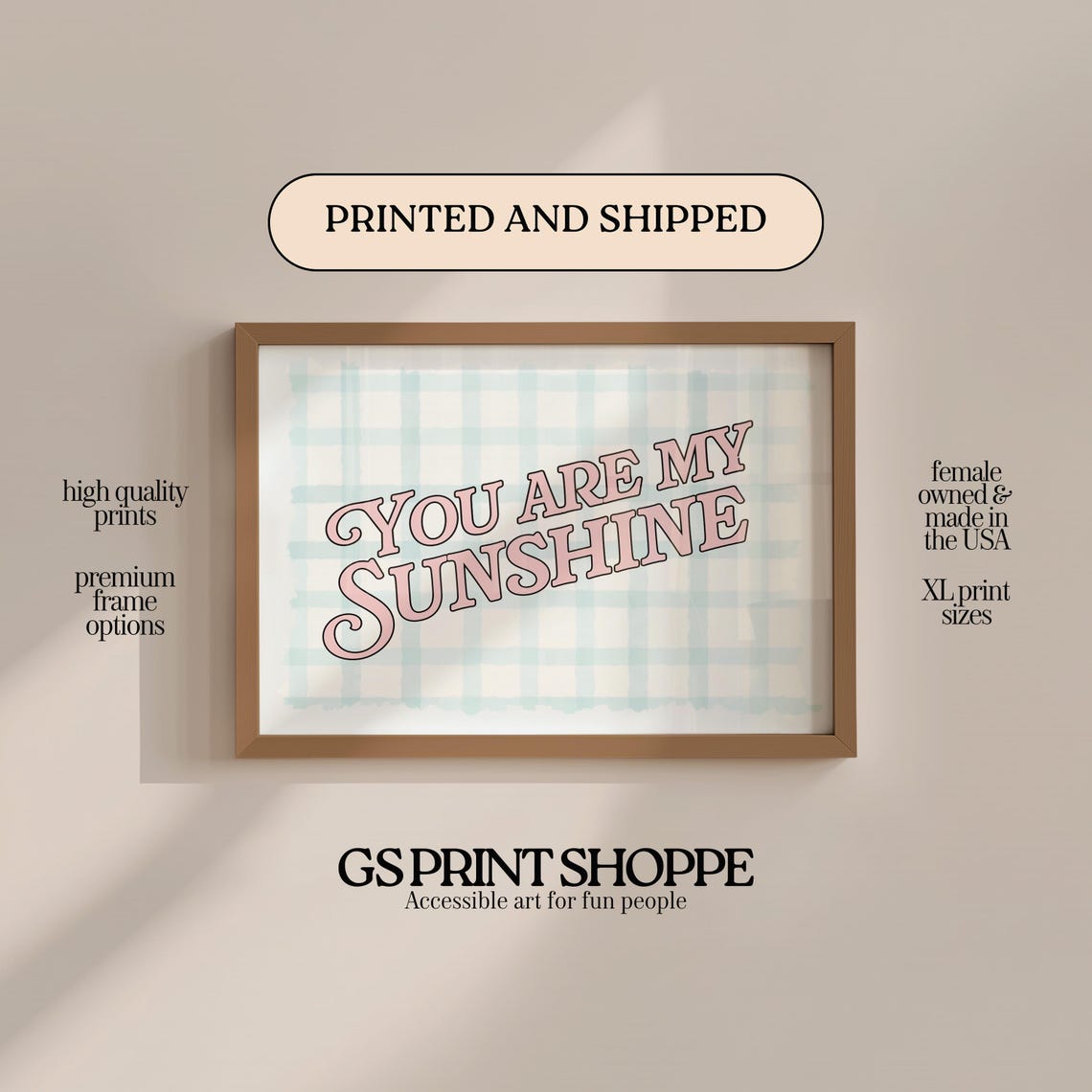You Are My Sunshine Retro Pink Script Blue Gingham Quote Wall Art