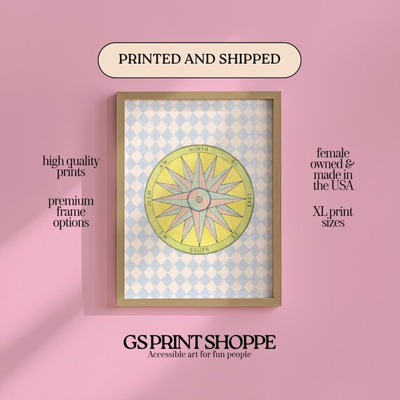 Pastel Vintage Compass Rose Nautical Star Chart Gingham Diamond Art Poster