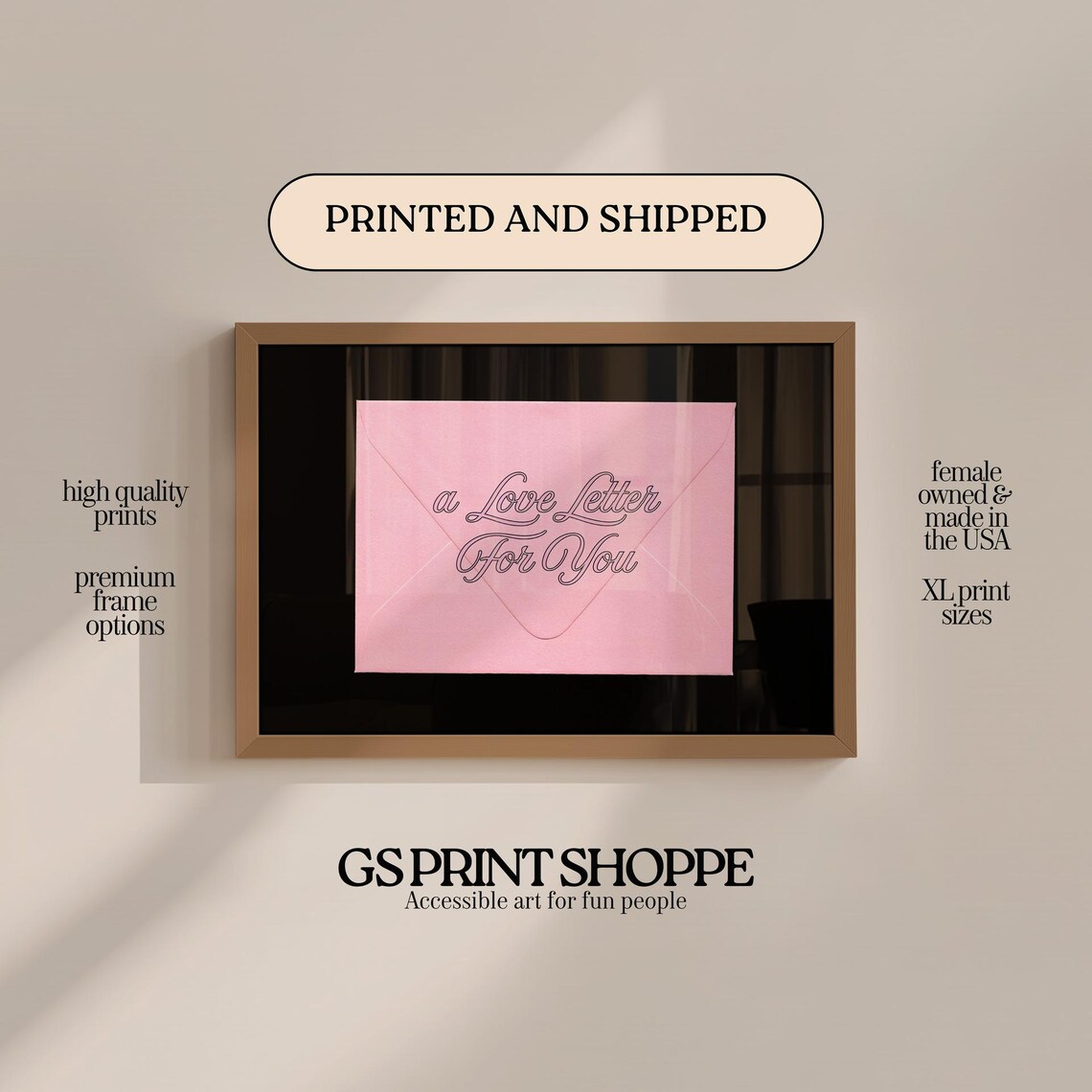 Pink Envelope Love Letter Typography Print Romantic Script Home Decor Art