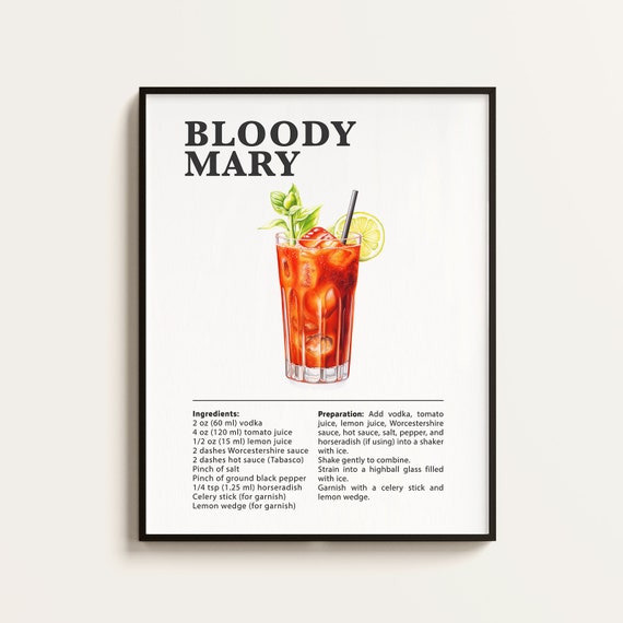 Bloody Mary Recipe Cocktail Poster, Bar Kitchen Art