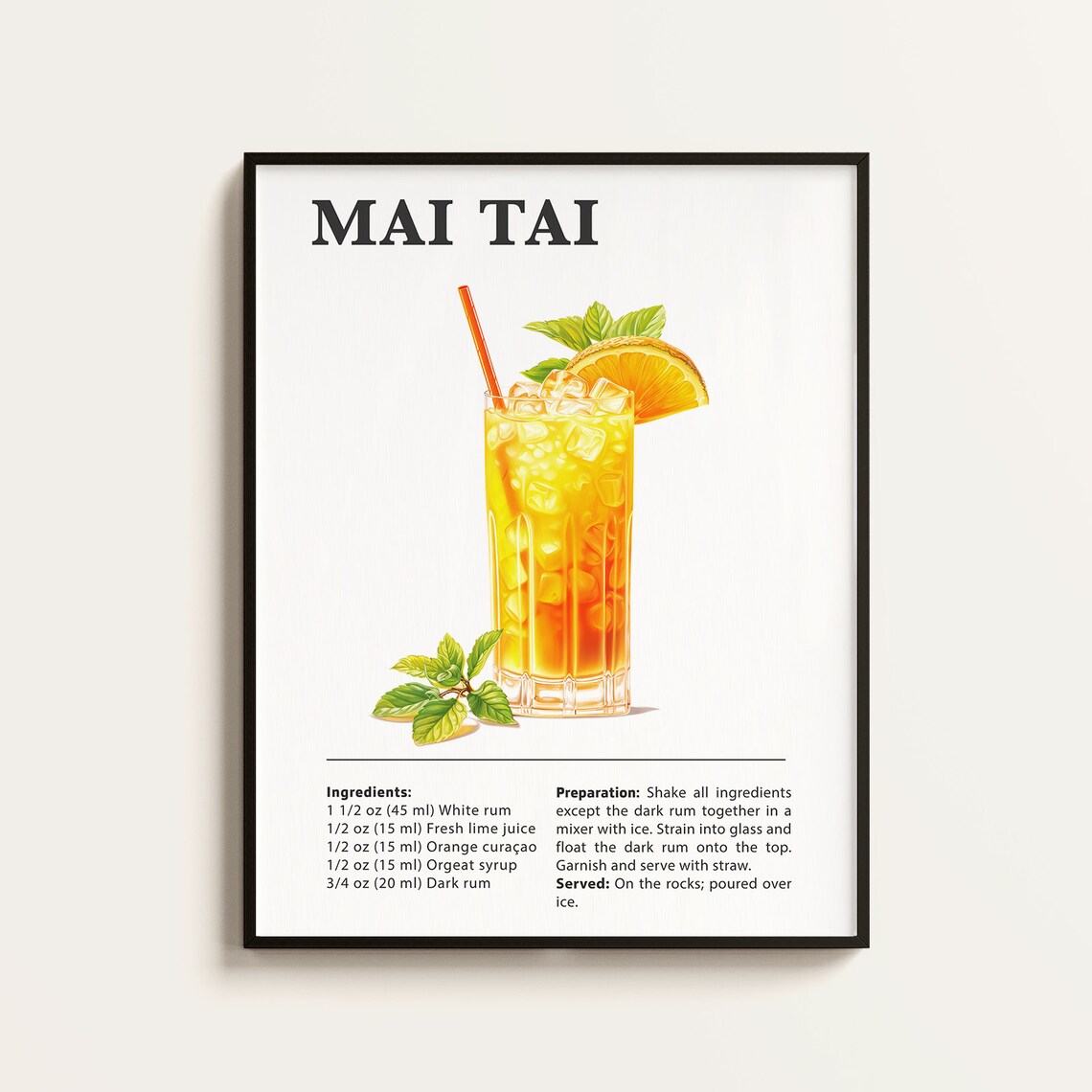 Mai Tai Recipe Poster, Cocktail Bar Kitchen Art