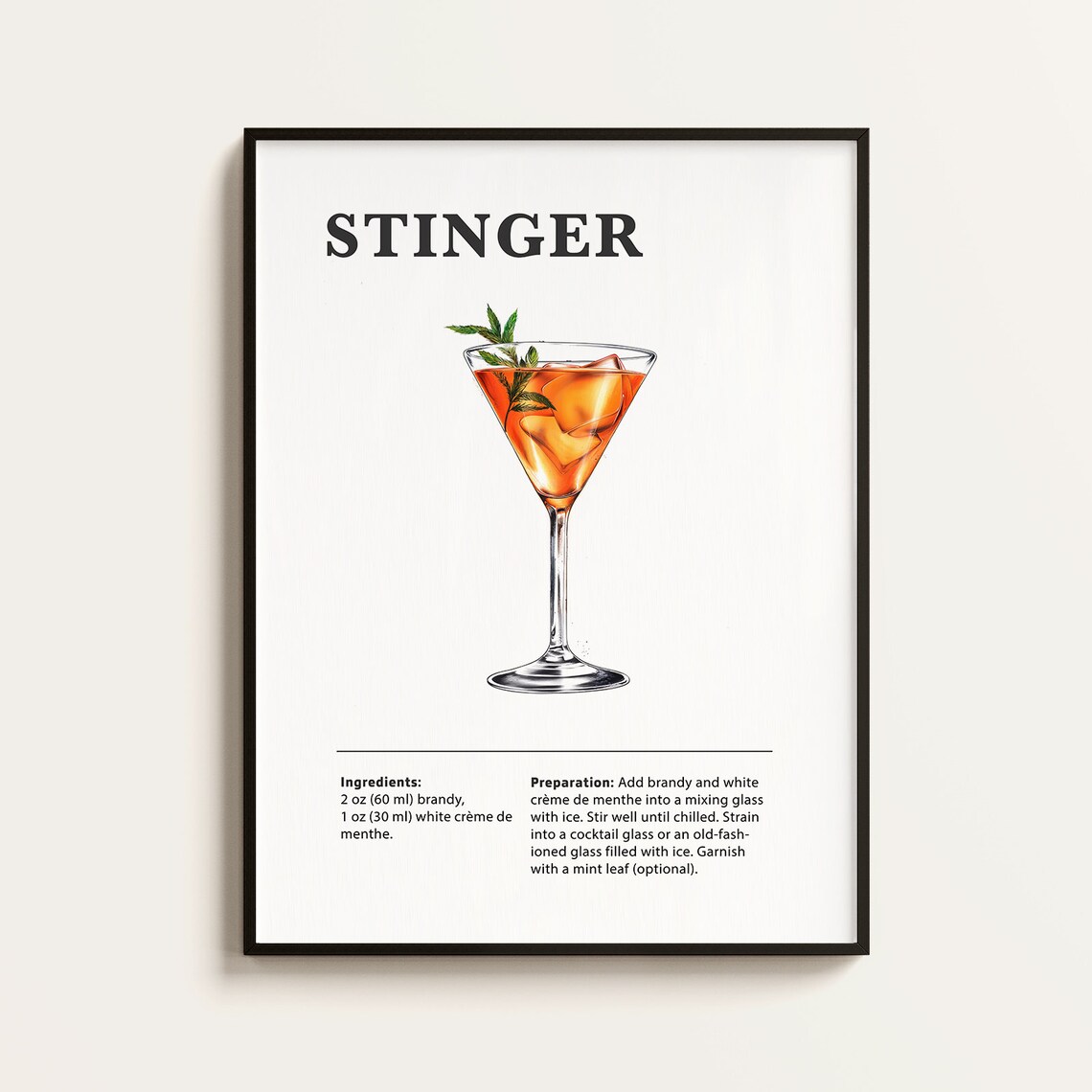 Classic Stinger Cocktail Recipe with Mint Martini Glass Poster