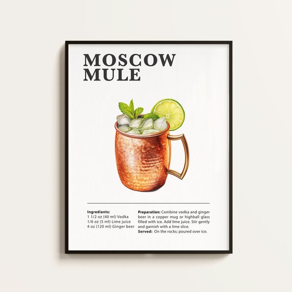 Moscow Mule Recipe Cocktail Print, Bar Kitchen Art