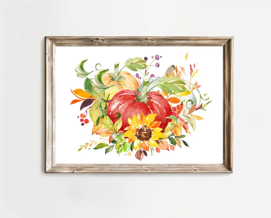 Watercolor Autumn Bouquet Red Pumpkins Sunflower Fall Art Print - Image 2