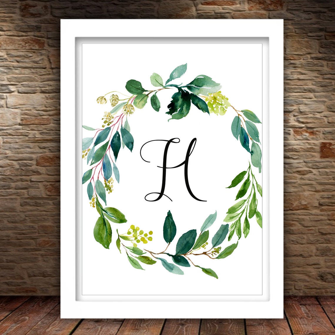 Script Monogram Letter H Green Leaves Wreath Watercolor Poster - Image 3