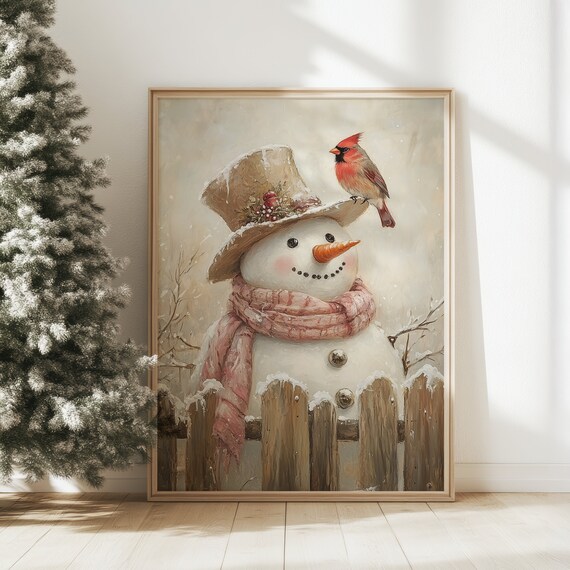 Vintage Snowman and Cardinal Bird Winter Christmas Painting Poster