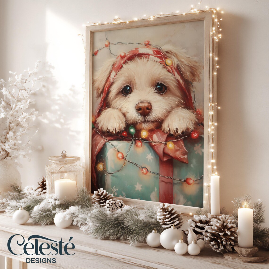 Christmas Puppy Watercolor Print Fluffy Dog With Lights Holiday Pet Portrait Decor
