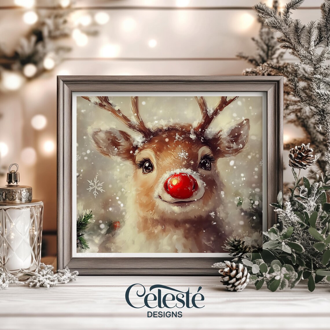 Cute Reindeer Christmas Watercolor Poster Red Nosed Deer Winter Holiday Art