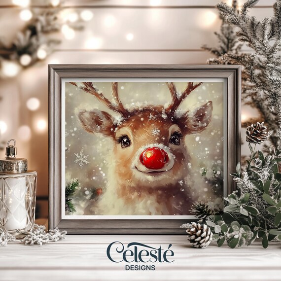 Cute Reindeer Christmas Watercolor Poster Red Nosed Deer Winter Holiday Art