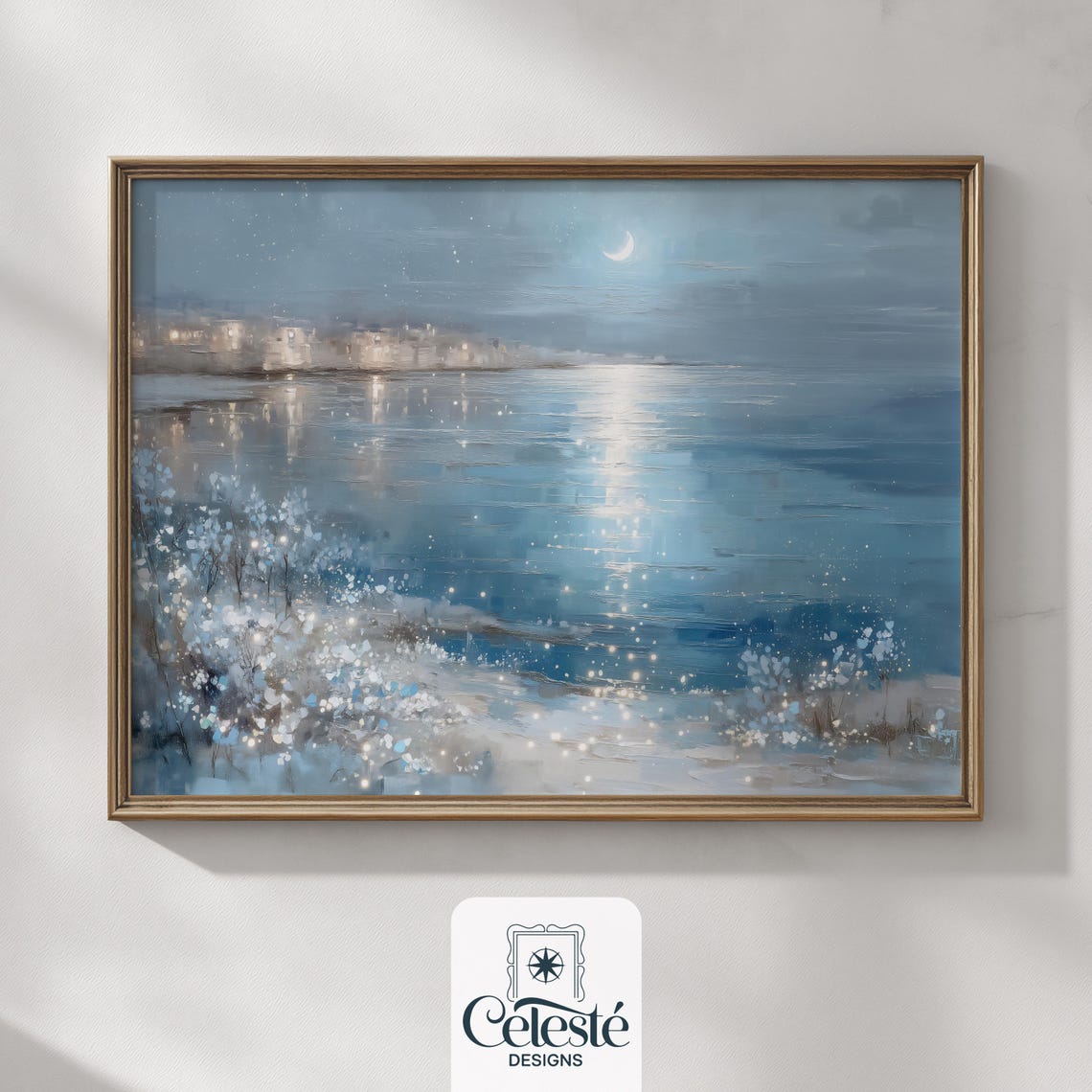 Moonlit Winter Seascape Crescent Moon Over Icy Shore Art Poster