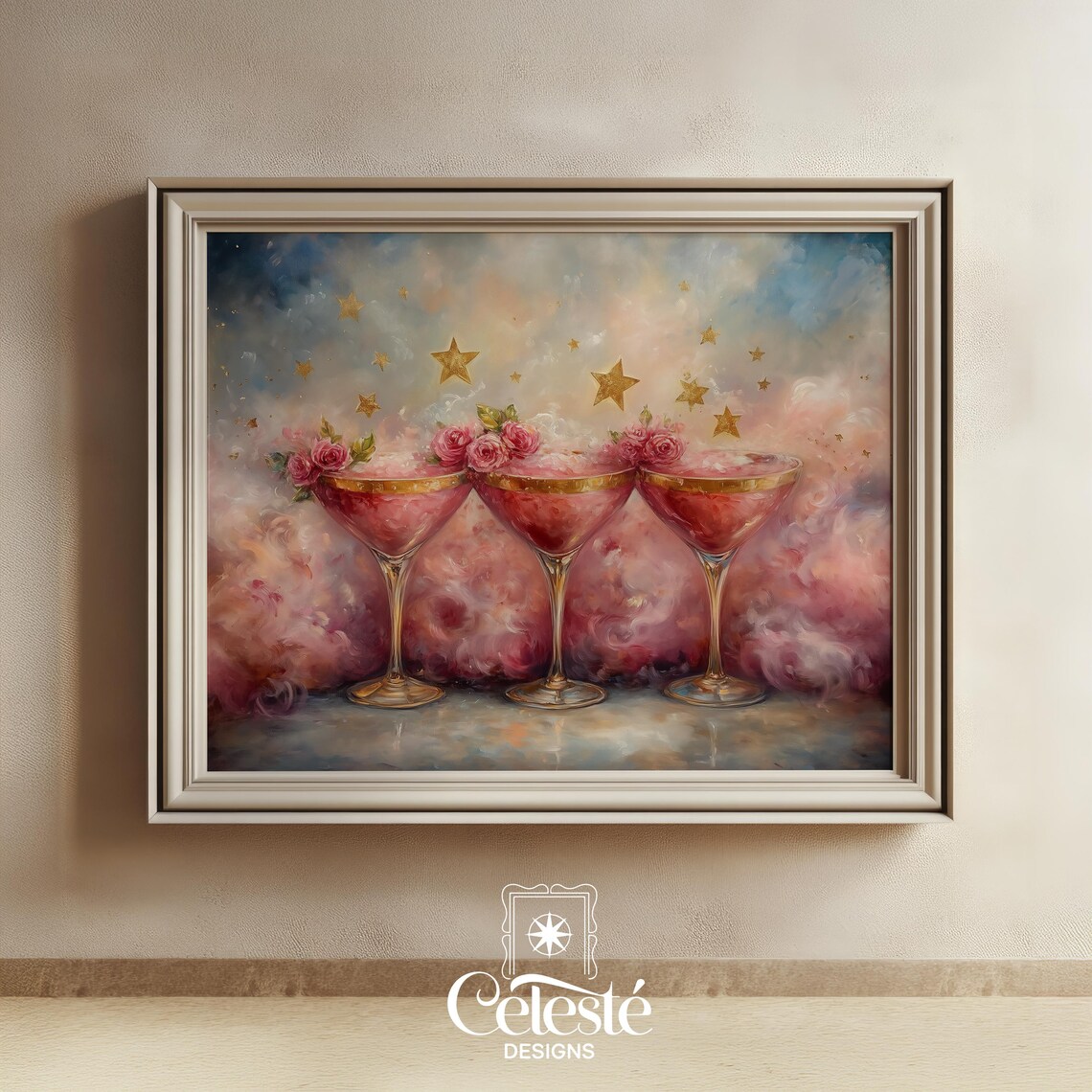 Pink Cocktail Glasses Gold Stars Rosy Floral Glam Bar Cart Print