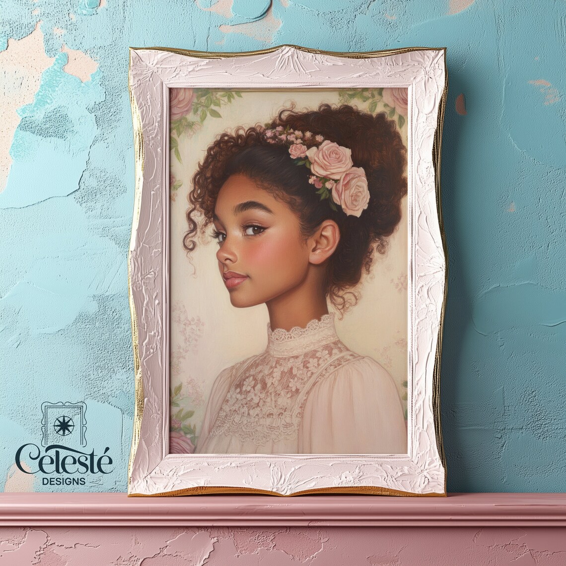 Young Woman With Roses in Curly Hair Lace Blouse Feminine Art Poster