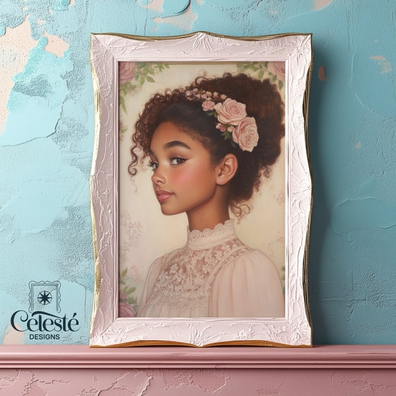 Vintage African Portrait Coquette Girl With Flowers Print