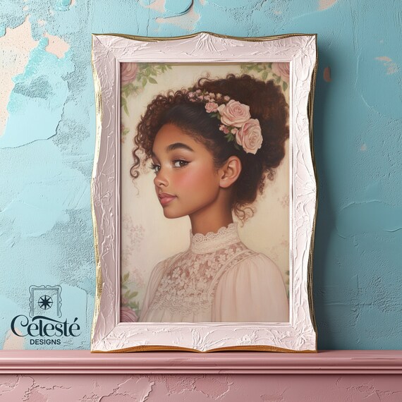 Young Woman With Roses in Curly Hair Lace Blouse Feminine Art Poster