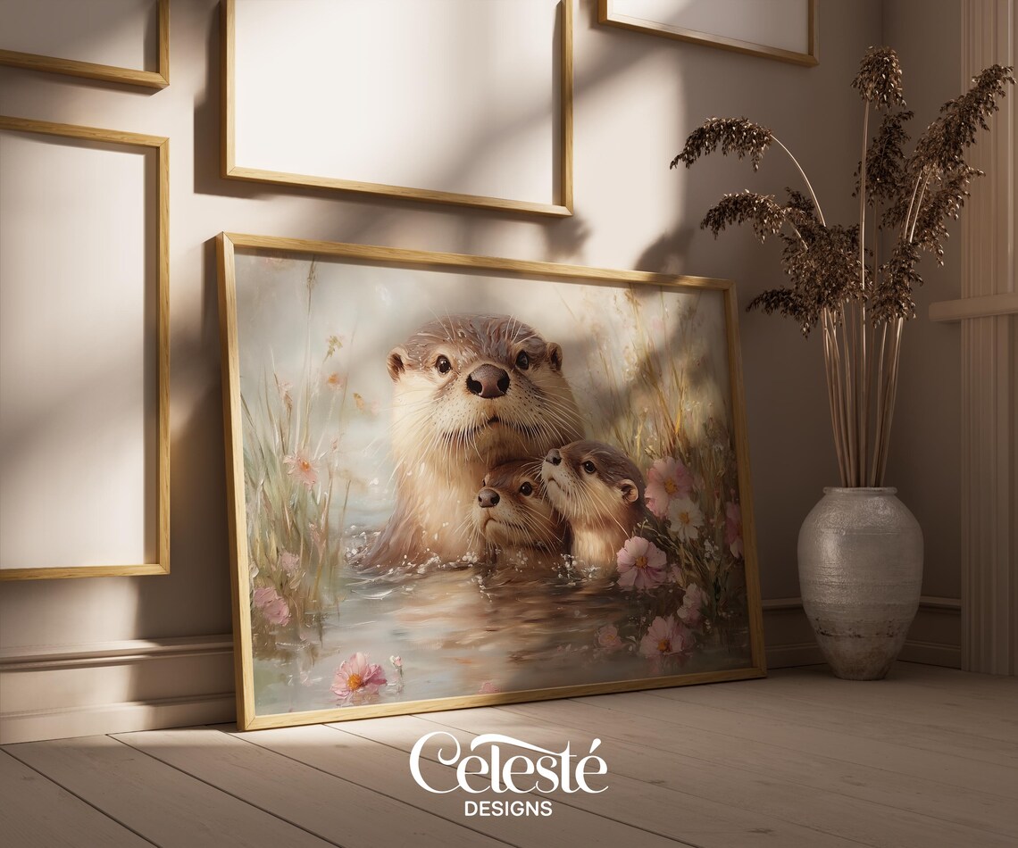 Otter Family River Poster with Mother and Pups Among Spring Wildflowers